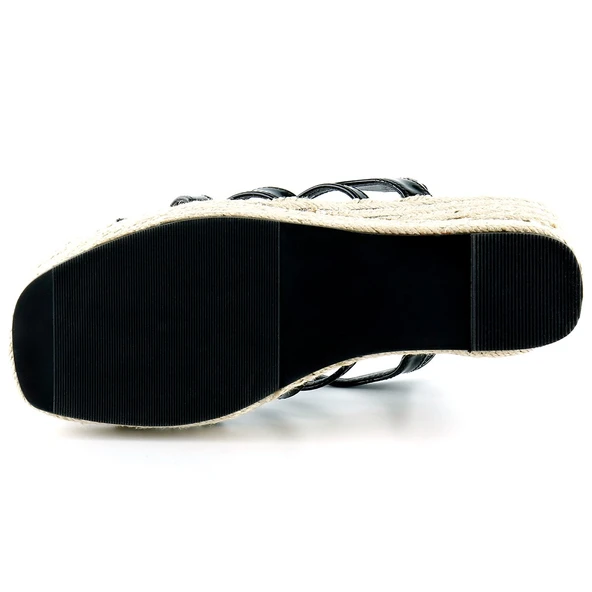 Erkan Saçmacı Siyah Rugan Çapraz Bantlı Taşlı Zikzak Örgü Jüt Platform Topuklu Sandalet - 5