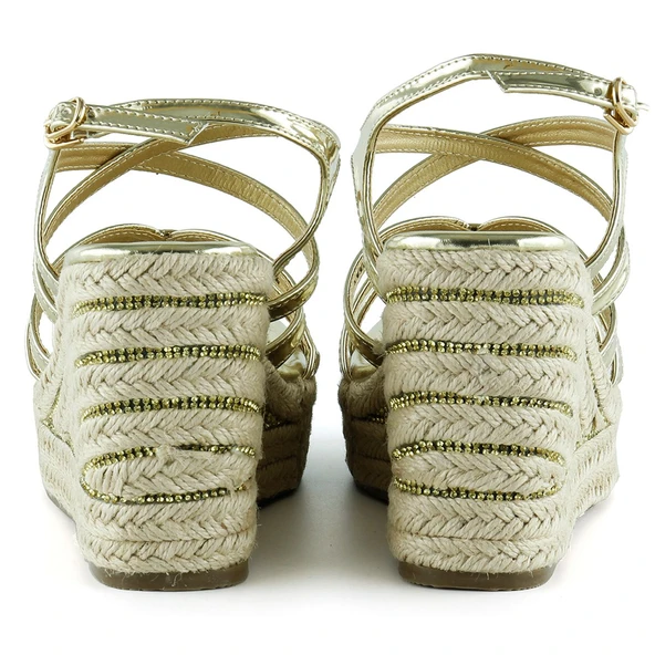 Erkan Saçmacı Altın Rugan Çapraz Bantlı Taşlı Zikzak Örgü Jüt Platform Topuklu Sandalet - 4