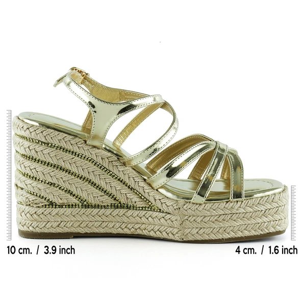 Erkan Saçmacı Altın Rugan Çapraz Bantlı Taşlı Zikzak Örgü Jüt Platform Topuklu Sandalet - 2