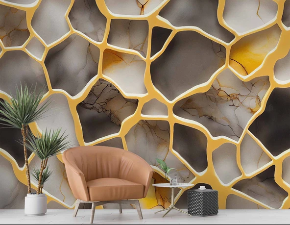 3D Mermer Altın Şerit Duvar Kağıdı Baskı - Resim 6