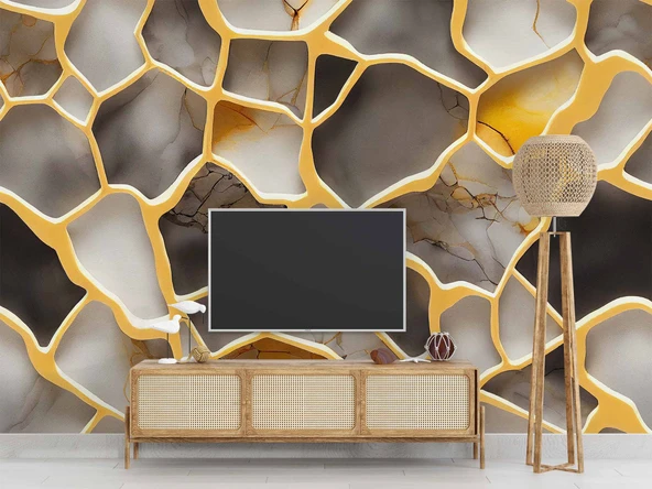 3D Mermer Altın Şerit Duvar Kağıdı Baskı - Resim 3