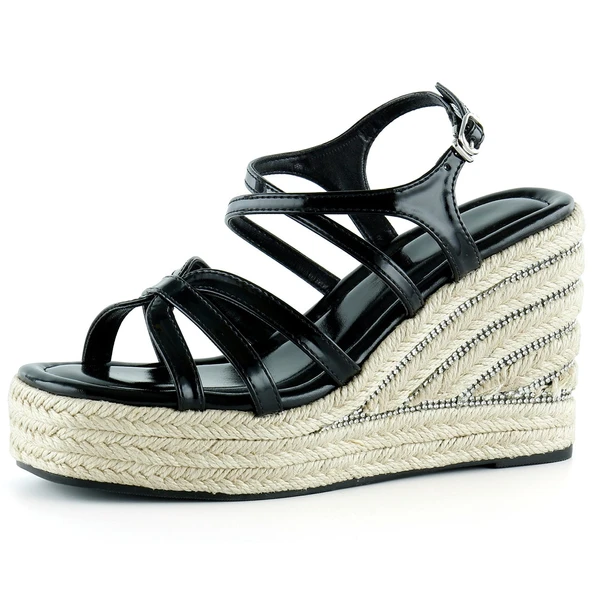 Erkan Saçmacı Siyah Rugan Çapraz Bantlı Taşlı Zikzak Örgü Jüt Platform Topuklu Sandalet