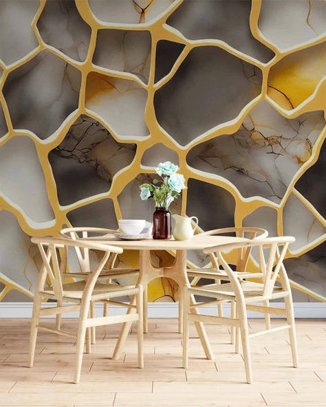 3D Mermer Altın Şerit Duvar Kağıdı Baskı - Resim 5