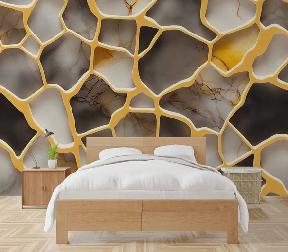 3D Mermer Altın Şerit Duvar Kağıdı Baskı - Resim 2