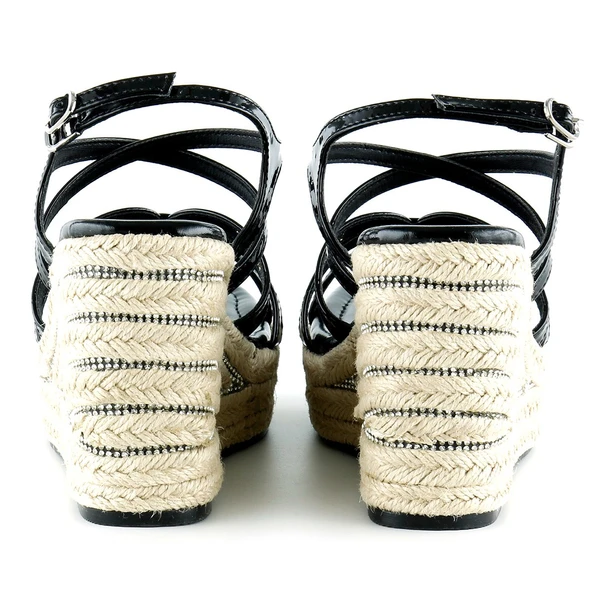 Erkan Saçmacı Siyah Rugan Çapraz Bantlı Taşlı Zikzak Örgü Jüt Platform Topuklu Sandalet - 4