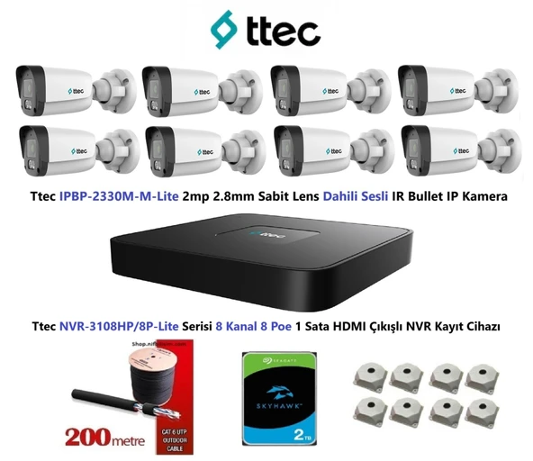 Ttec 2mp Mikrofonlu 8 Kameralı 2TB Disk Tak Çalıştır Hazır IP Kamera Seti ürün görseli 1