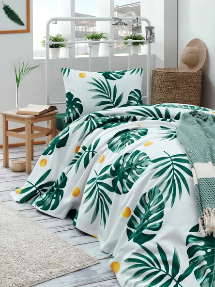 Upstyle Pike Seti Baskılı Tek Kişilik Monstera Yeşil
