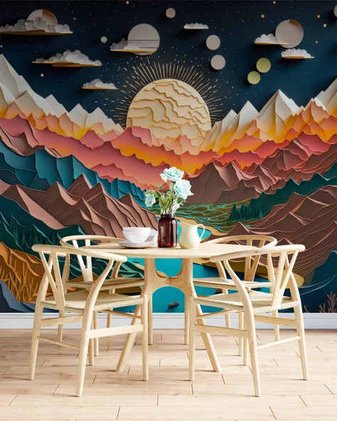 3D Kabartma Görünümlü Dağ ve Nehir Manzaralı Duvar Kağıdı Baskı - Resim 5