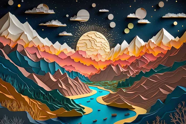 3D Kabartma Görünümlü Dağ ve Nehir Manzaralı Duvar Kağıdı Baskı - Resim 7