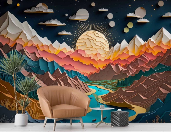 3D Kabartma Görünümlü Dağ ve Nehir Manzaralı Duvar Kağıdı Baskı - Resim 6