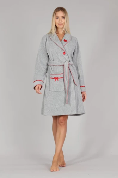 Kadın Gri Melanj Çoban Dikişli Polar Sabahlık - 2