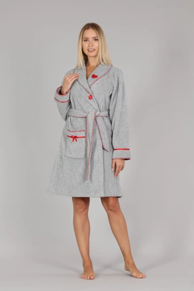 Kadın Gri Melanj Çoban Dikişli Polar Sabahlık - 3