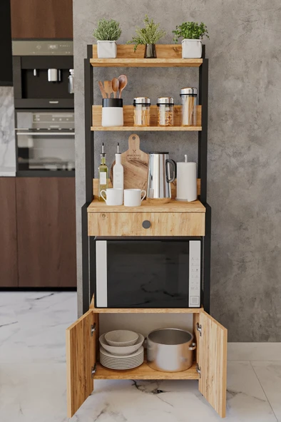 çekmeceli 2 kapaklı Çok Amaçlı Dolap Mutfak Bangosu Mikrodalga Fırın Mini Fırın Dolabı - 2