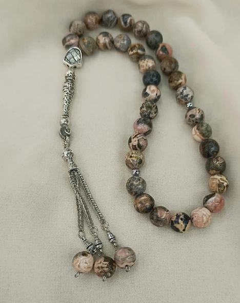 Tesbih 33 lük Rodokrozit Taşı Doğal Taş Küre Kesim 10 mm Tespih - 10