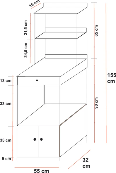 çekmeceli 2 kapaklı Çok Amaçlı Dolap Mutfak Bangosu Mikrodalga Fırın Mini Fırın Dolabı - 5
