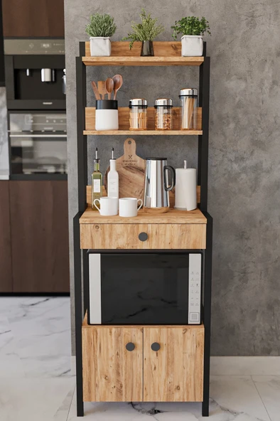 çekmeceli 2 kapaklı Çok Amaçlı Dolap Mutfak Bangosu Mikrodalga Fırın Mini Fırın Dolabı - 3