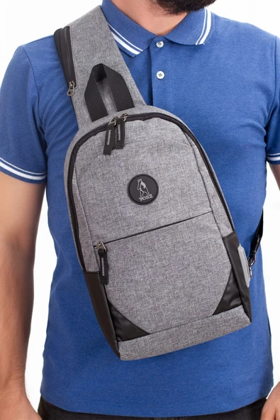 Erkek Omuz Mini Sırt Göğüs Çarpraz Tek Kol Kulaklık Çıkışlı Çanta Gri