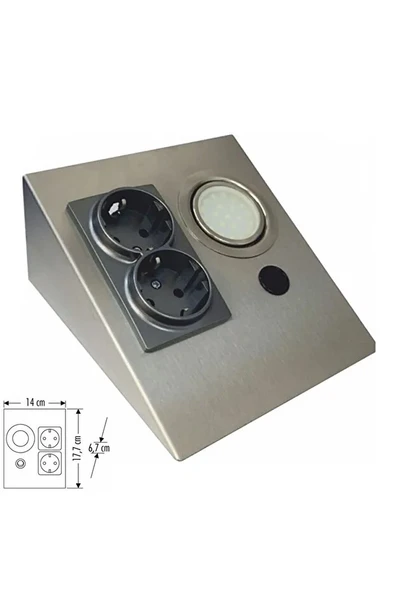 CT-5109 Üçgen Tezgah Altı Çift Priz ve LED Aydınlatma Gri Satin Kasa Mutfak Çalışma Alanı İçin