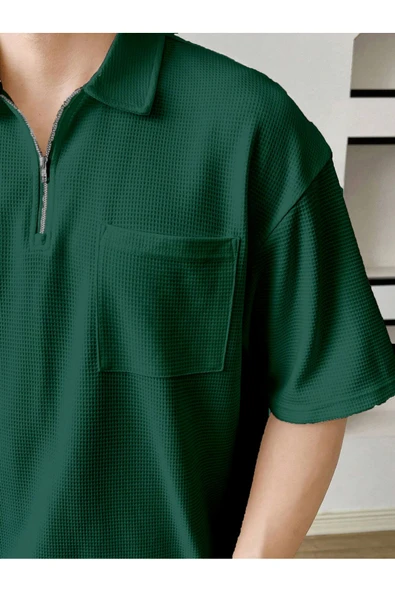 Erkek Oversize Polo Yaka Waffle T-Shirt  POLOYAKA-FERMUARLI - 2