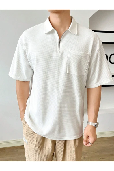 Erkek Oversize Polo Yaka Waffle T-Shirt  POLOYAKA-FERMUARLI - 8
