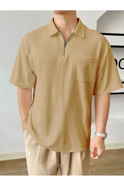Erkek Oversize Polo Yaka Waffle T-Shirt  POLOYAKA-FERMUARLI - 11