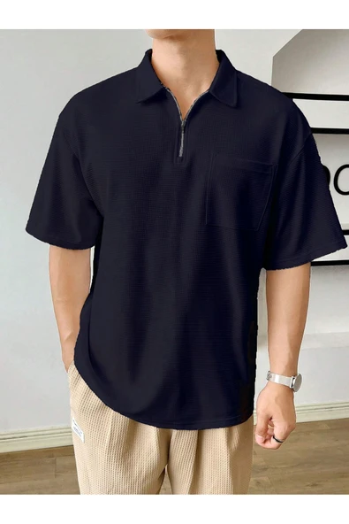 Erkek Oversize Polo Yaka Waffle T-Shirt  POLOYAKA-FERMUARLI - 7