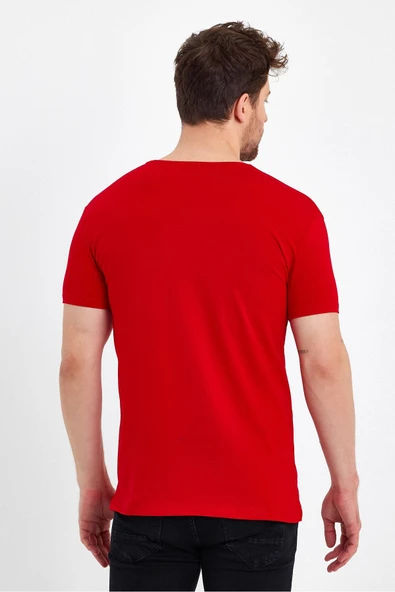 Erkek V Yaka Basic Kırmızı Tişört - 4