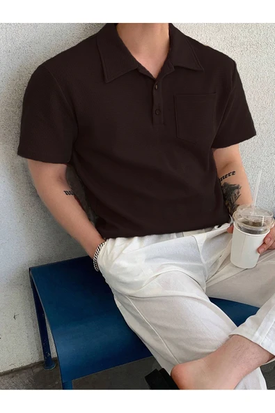 Erkek Oversize Polo Yaka  Waffle T-Shirt  POLOYAKA-DÜĞMELİ - 11