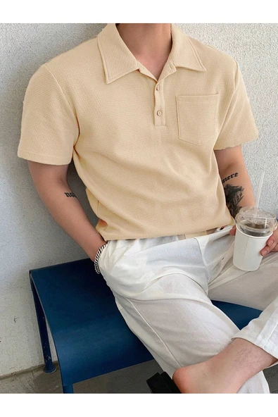 Erkek Oversize Polo Yaka  Waffle T-Shirt  POLOYAKA-DÜĞMELİ - 12