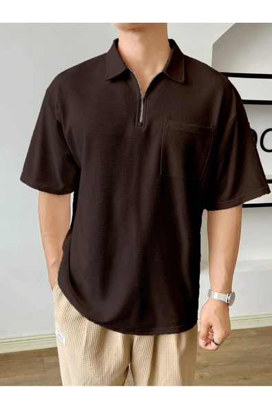 Erkek Oversize Polo Yaka Waffle T-Shirt  POLOYAKA-FERMUARLI - 6