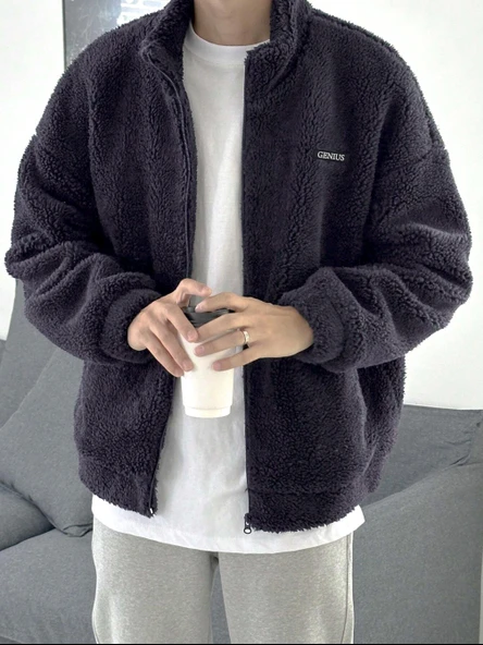 Oversize Peluş Tam Fermuarlı Sweatshirt Peluş İçi Polarlı Sherpa Kumaş Sweatshirt - 8