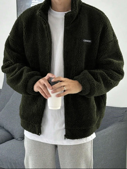 Oversize Peluş Tam Fermuarlı Sweatshirt Peluş İçi Polarlı Sherpa Kumaş Sweatshirt - 6