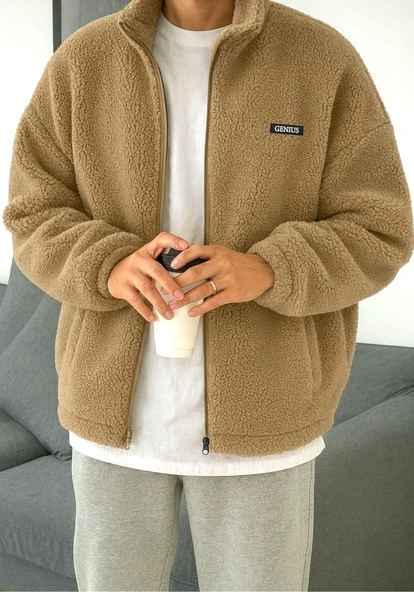 Oversize Peluş Tam Fermuarlı Sweatshirt Peluş İçi Polarlı Sherpa Kumaş Sweatshirt - 1