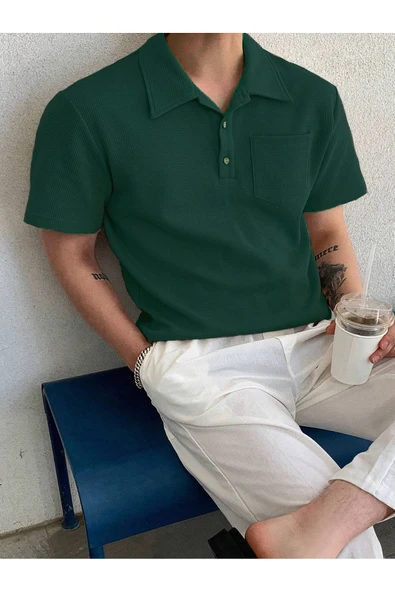 Erkek Oversize Polo Yaka  Waffle T-Shirt  POLOYAKA-DÜĞMELİ - 8