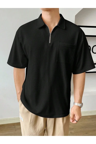 Erkek Oversize Polo Yaka Waffle T-Shirt  POLOYAKA-FERMUARLI - 9