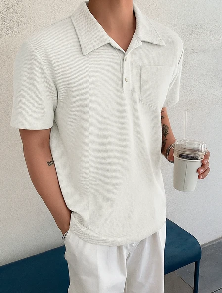 Erkek Oversize Polo Yaka  Waffle T-Shirt  POLOYAKA-DÜĞMELİ - 3