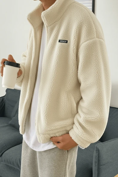 Oversize Peluş Tam Fermuarlı Sweatshirt Peluş İçi Polarlı Sherpa Kumaş Sweatshirt - Resim 11