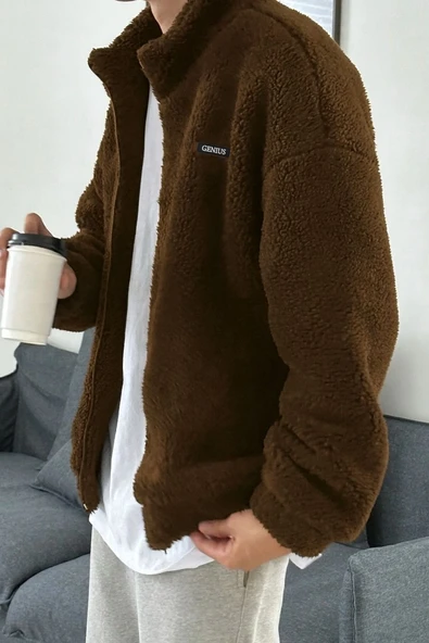 Oversize Peluş Tam Fermuarlı Sweatshirt Peluş İçi Polarlı Sherpa Kumaş Sweatshirt - 9