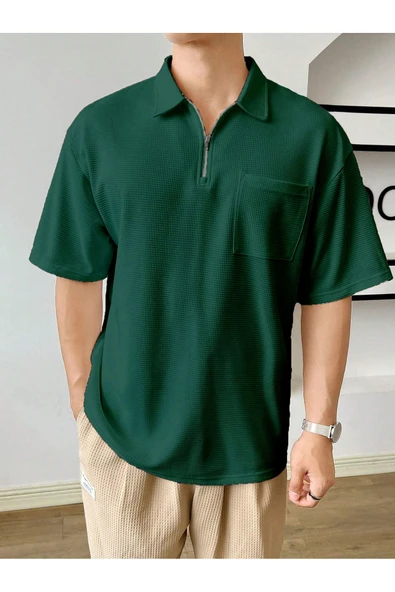 Erkek Oversize Polo Yaka Waffle T-Shirt  POLOYAKA-FERMUARLI - 4
