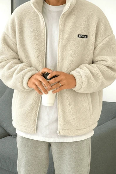 Oversize Peluş Tam Fermuarlı Sweatshirt Peluş İçi Polarlı Sherpa Kumaş Sweatshirt - Resim 10
