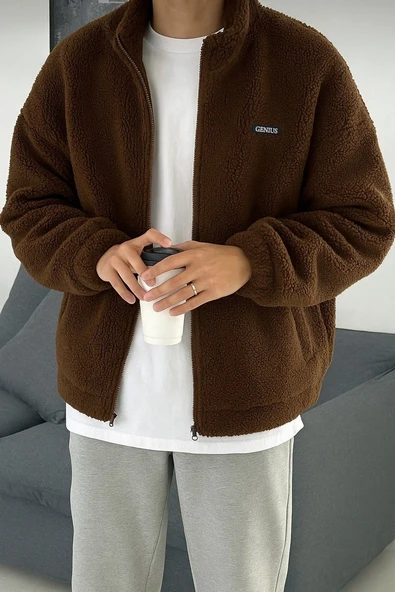 Oversize Peluş Tam Fermuarlı Sweatshirt Peluş İçi Polarlı Sherpa Kumaş Sweatshirt - 8