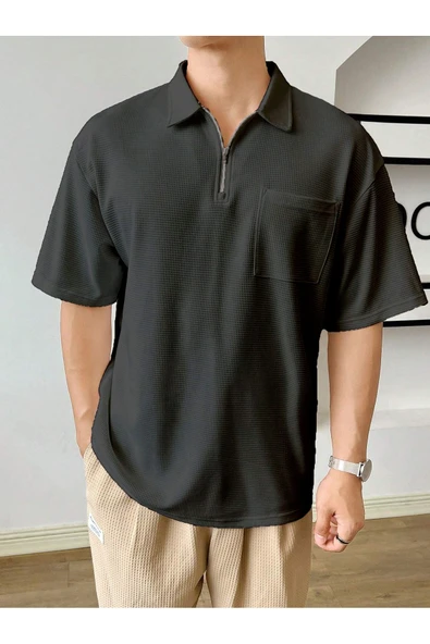 Erkek Oversize Polo Yaka Waffle T-Shirt  POLOYAKA-FERMUARLI - 5