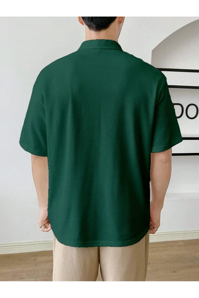 Erkek Oversize Polo Yaka Waffle T-Shirt  POLOYAKA-FERMUARLI - 3