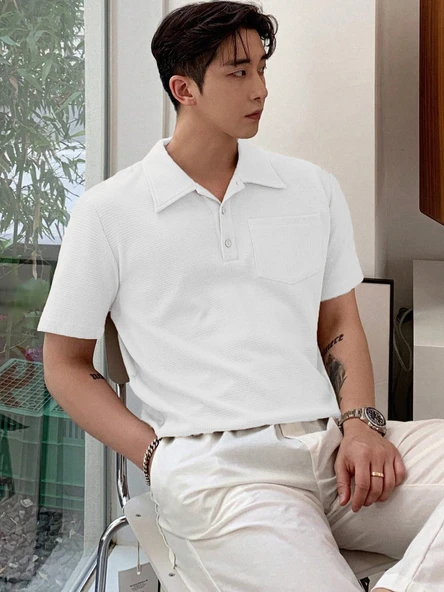Erkek Oversize Polo Yaka  Waffle T-Shirt  POLOYAKA-DÜĞMELİ - 5