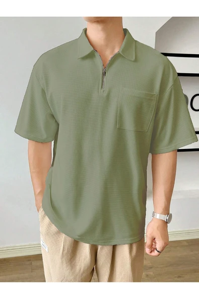 Erkek Oversize Polo Yaka Waffle T-Shirt  POLOYAKA-FERMUARLI - 7
