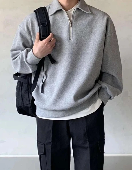 Erkek Polo Yaka Oversize Sweatshirt Yarım Fermuar Sweatshirt OVERSIZE-SWEATSHIRT - 9