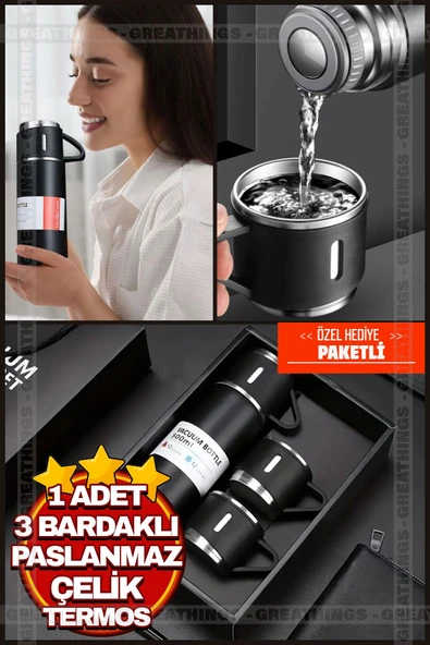 Siyah Piknik Kamp Termosu Paslanmaz Çelik 3 Bardaklı 500 Ml Vakumlu Çay Kahve Sıcak Soğuk Termos Set
