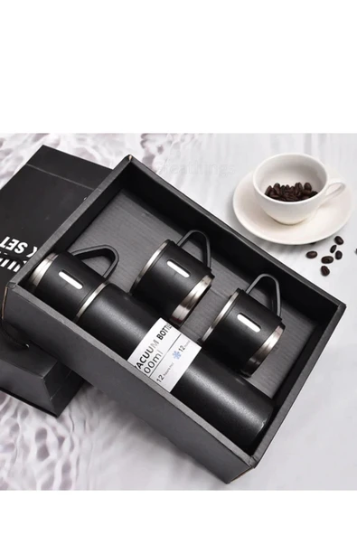 Siyah Piknik Kamp Termosu Paslanmaz Çelik 3 Bardaklı 500 Ml Vakumlu Çay Kahve Sıcak Soğuk Termos Set - 2