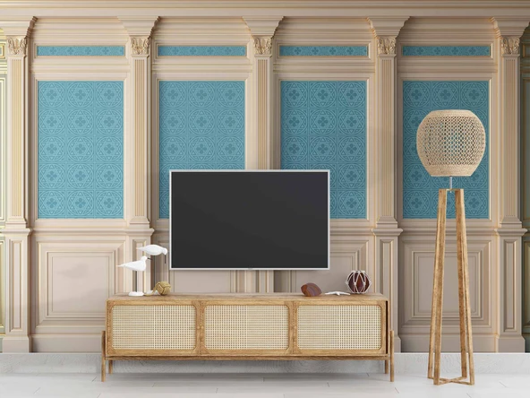 3 Boyutlu Mavi Motif Beyaz Sütun Duvar Kağıdı Baskı - 3