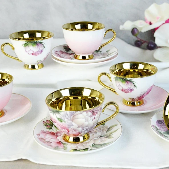 Porsima 101762 Garden Gold Yaldızlı Desenli Fincan Takımı Porselen Türk Kahvesi 6 Kişilik 12 Parça - 2